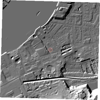 Shaded relief map of the ground around SE109PB, computed from Environment Agency LiDAR. The ground here sits at about 4 m above sea level and falls 42 m across the surrounding 800 m. Surface water reaching this point runs off ground lying to the south-west, 3.2 m higher.