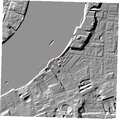 Shaded relief map of the ground around SE109PD, computed from Environment Agency LiDAR. The ground here sits at about 4 m above sea level and falls 10 m across the surrounding 800 m. Surface water reaching this point runs off ground lying to the north-north-east, 2.5 m higher.