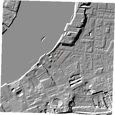 Shaded relief map of the ground around SE109PF, computed from Environment Agency LiDAR. The ground here sits at about 4 m above sea level and falls 10 m across the surrounding 800 m. Surface water reaching this point runs off ground lying to the west-south-west, 2.6 m higher.