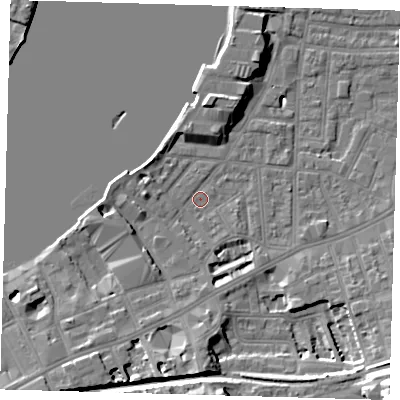 Shaded relief map of the ground around SE109PH, computed from Environment Agency LiDAR. The ground here sits at about 3 m above sea level and falls 22 m across the surrounding 800 m. Surface water reaching this point runs off ground lying to the south-west, 4.9 m higher.