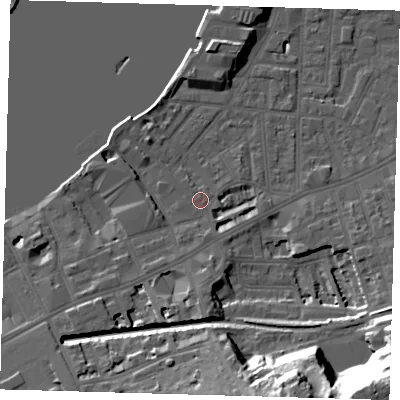 Shaded relief map of the ground around SE109PJ, computed from Environment Agency LiDAR. The ground here sits at about 4 m above sea level and falls 42 m across the surrounding 800 m. Surface water reaching this point runs off ground lying to the south-south-west, 1.9 m higher.