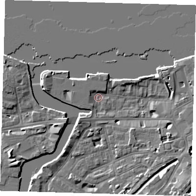 Shaded relief map of the ground around SE109PL, computed from Environment Agency LiDAR. The ground here sits at about 4 m above sea level and falls 9 m across the surrounding 800 m. Surface water reaching this point runs off ground lying to the south-east, 7.3 m higher.