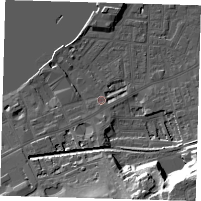 Shaded relief map of the ground around SE109PN, computed from Environment Agency LiDAR. The ground here sits at about 4 m above sea level and falls 42 m across the surrounding 800 m. Surface water reaching this point runs off ground lying to the south-west, 1.8 m higher.