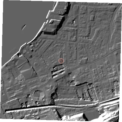 Shaded relief map of the ground around SE109PP, computed from Environment Agency LiDAR. The ground here sits at about 4 m above sea level and falls 40 m across the surrounding 800 m. Surface water reaching this point runs off ground lying to the south-south-west, 3.0 m higher.