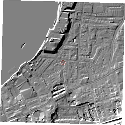 Shaded relief map of the ground around SE109PQ, computed from Environment Agency LiDAR. The ground here sits at about 3 m above sea level and falls 23 m across the surrounding 800 m. Surface water reaching this point runs off ground lying to the south-west, 4.9 m higher.