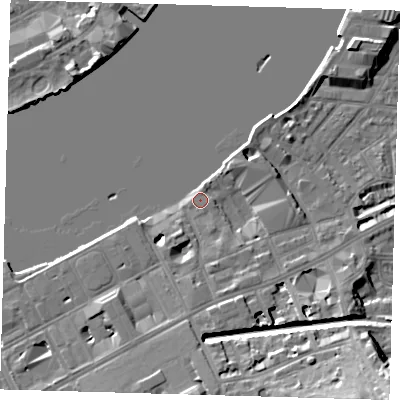 Shaded relief map of the ground around SE109PS, computed from Environment Agency LiDAR. The ground here sits at about 4 m above sea level and falls 20 m across the surrounding 800 m. Surface water reaching this point runs off ground lying to the south-east, 3.1 m higher.