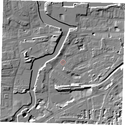 Shaded relief map of the ground around SE109QB, computed from Environment Agency LiDAR. The ground here sits at about 4 m above sea level and falls 17 m across the surrounding 800 m. Surface water reaching this point runs off ground lying to the east, 4.3 m higher.