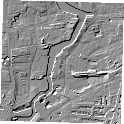 Shaded relief map of the ground around SE109QE, computed from Environment Agency LiDAR. The ground here sits at about 4 m above sea level and falls 22 m across the surrounding 800 m. Surface water reaching this point runs off ground lying to the south-south-west, 2.1 m higher.