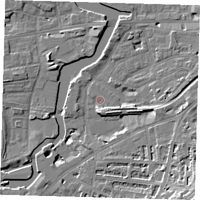 Shaded relief map of the ground around SE109QF, computed from Environment Agency LiDAR. The ground here sits at about 4 m above sea level and falls 23 m across the surrounding 800 m. Surface water reaching this point runs off ground lying to the south, 5.0 m higher.