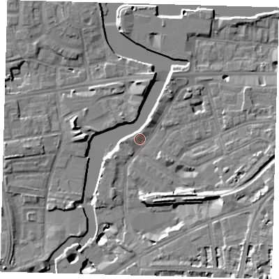 Shaded relief map of the ground around SE109QX, computed from Environment Agency LiDAR. The ground here sits at about 5 m above sea level and falls 15 m across the surrounding 800 m. Surface water reaching this point runs off ground lying to the south-south-west, 2.0 m higher.