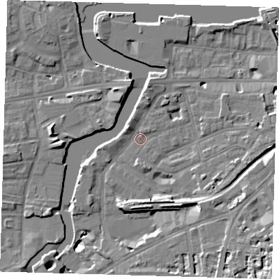 Shaded relief map of the ground around SE109QZ, computed from Environment Agency LiDAR. The ground here sits at about 4 m above sea level and falls 17 m across the surrounding 800 m. Surface water reaching this point runs off ground lying to the east, 4.3 m higher.