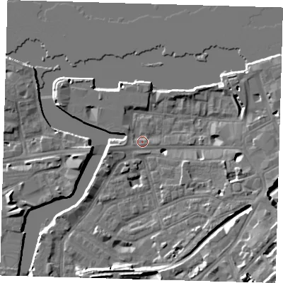 Shaded relief map of the ground around SE109RA, computed from Environment Agency LiDAR. The ground here sits at about 4 m above sea level and falls 12 m across the surrounding 800 m. Surface water reaching this point runs off ground lying to the south-east, 11.6 m higher.
