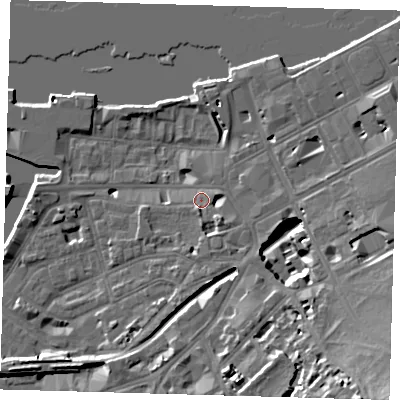 Shaded relief map of the ground around SE109RF, computed from Environment Agency LiDAR. The ground here sits at about 5 m above sea level and falls 20 m across the surrounding 800 m. Surface water reaching this point runs off ground lying to the south-east, 19.9 m higher.