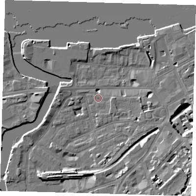 Shaded relief map of the ground around SE109RG, computed from Environment Agency LiDAR. The ground here sits at about 5 m above sea level and falls 15 m across the surrounding 800 m. Surface water reaching this point runs off ground lying to the south-east, 12.4 m higher.