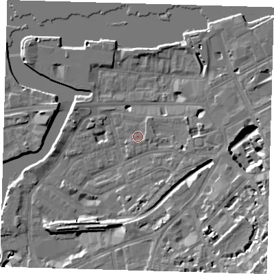 Shaded relief map of the ground around SE109RH, computed from Environment Agency LiDAR. The ground here sits at about 5 m above sea level and falls 22 m across the surrounding 800 m. Surface water reaching this point runs off ground lying to the east-south-east, 1.2 m higher.