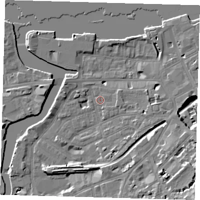 Shaded relief map of the ground around SE109RJ, computed from Environment Agency LiDAR. The ground here sits at about 5 m above sea level and falls 17 m across the surrounding 800 m. Surface water reaching this point runs off ground lying to the south-east, 1.2 m higher.