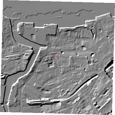 Shaded relief map of the ground around SE109RL, computed from Environment Agency LiDAR. The ground here sits at about 5 m above sea level and falls 13 m across the surrounding 800 m. Surface water reaching this point runs off ground lying to the west, 3.3 m higher.