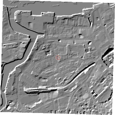 Shaded relief map of the ground around SE109RN, computed from Environment Agency LiDAR. The ground here sits at about 4 m above sea level and falls 21 m across the surrounding 800 m. Surface water reaching this point runs off ground lying to the east-south-east, 4.3 m higher.