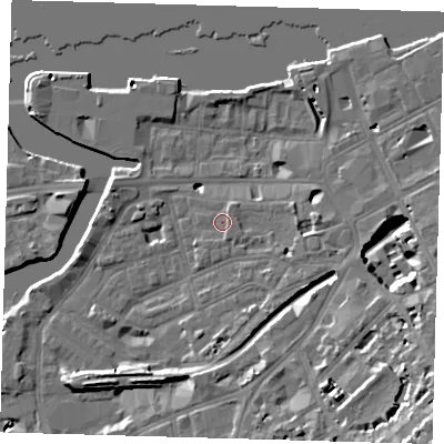 Shaded relief map of the ground around SE109RQ, computed from Environment Agency LiDAR. The ground here sits at about 5 m above sea level and falls 19 m across the surrounding 800 m. Surface water reaching this point runs off ground lying to the south-south-east, 1.3 m higher.