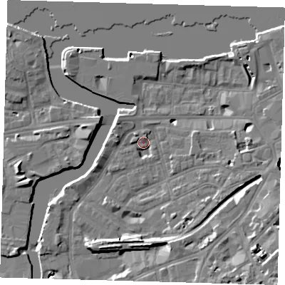 Shaded relief map of the ground around SE109SA, computed from Environment Agency LiDAR. The ground here sits at about 5 m above sea level and falls 14 m across the surrounding 800 m. Surface water reaching this point runs off ground lying to the north-west, 3.3 m higher.