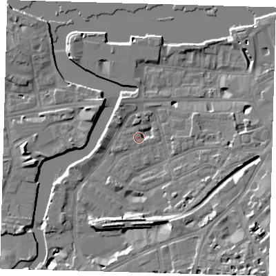 Shaded relief map of the ground around SE109SD, computed from Environment Agency LiDAR. The ground here sits at about 5 m above sea level and falls 17 m across the surrounding 800 m. Surface water reaching this point runs off ground lying to the east-north-east, 2.0 m higher.
