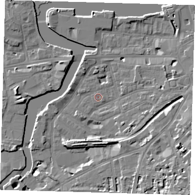 Shaded relief map of the ground around SE109SG, computed from Environment Agency LiDAR. The ground here sits at about 4 m above sea level and falls 17 m across the surrounding 800 m. Surface water reaching this point runs off ground lying to the east, 4.3 m higher.