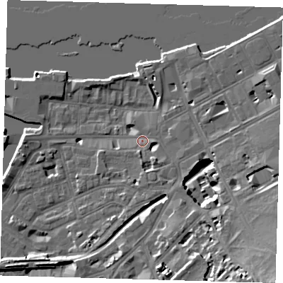 Shaded relief map of the ground around SE109SW, computed from Environment Agency LiDAR. The ground here sits at about 5 m above sea level and falls 19 m across the surrounding 800 m. Surface water reaching this point runs off ground lying to the south-east, 18.9 m higher.