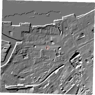 Shaded relief map of the ground around SE109SX, computed from Environment Agency LiDAR. The ground here sits at about 4 m above sea level and falls 18 m across the surrounding 800 m. Surface water reaching this point runs off ground lying to the south-east, 18.2 m higher.