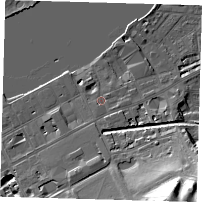 Shaded relief map of the ground around SE109TE, computed from Environment Agency LiDAR. The ground here sits at about 6 m above sea level and falls 42 m across the surrounding 800 m. Surface water reaching this point runs off ground lying to the south-south-east, 12.3 m higher.