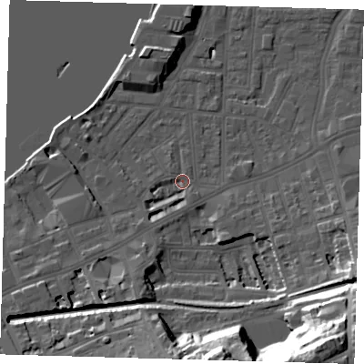 Shaded relief map of the ground around SE109UA, computed from Environment Agency LiDAR. The ground here sits at about 3 m above sea level and falls 41 m across the surrounding 800 m. Surface water reaching this point runs off ground lying to the south-west, 3.0 m higher.