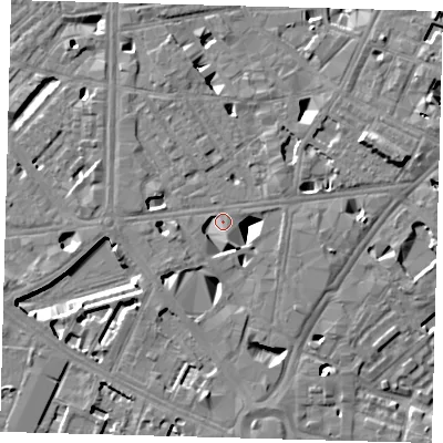 Shaded relief map of the ground around SE10AA, computed from Environment Agency LiDAR. The ground here sits at about 4 m above sea level and falls 11 m across the surrounding 800 m. Surface water reaching this point runs off ground lying to the north-north-west, 4.6 m higher.