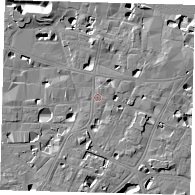 Shaded relief map of the ground around SE10AB, computed from Environment Agency LiDAR. The ground here sits at about 4 m above sea level and falls 14 m across the surrounding 800 m. Surface water reaching this point runs off ground lying to the south-south-east, 6.0 m higher.
