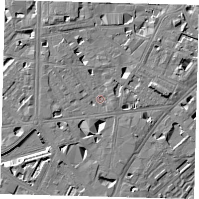 Shaded relief map of the ground around SE10AD, computed from Environment Agency LiDAR. The ground here sits at about 3 m above sea level and falls 11 m across the surrounding 800 m. Surface water reaching this point runs off ground lying to the east-north-east, 2.3 m higher.