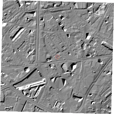 Shaded relief map of the ground around SE10AG, computed from Environment Agency LiDAR. The ground here sits at about 3 m above sea level and falls 11 m across the surrounding 800 m. Surface water reaching this point runs off ground lying to the north, 5.1 m higher.
