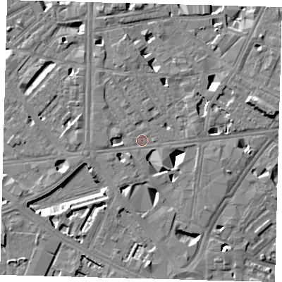 Shaded relief map of the ground around SE10AH, computed from Environment Agency LiDAR. The ground here sits at about 3 m above sea level and falls 11 m across the surrounding 800 m. Surface water reaching this point runs off ground lying to the north, 5.1 m higher.