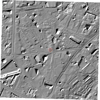 Shaded relief map of the ground around SE10AJ, computed from Environment Agency LiDAR. The ground here sits at about 4 m above sea level and falls 11 m across the surrounding 800 m. Surface water reaching this point runs off ground lying to the north-north-east, 1.1 m higher.