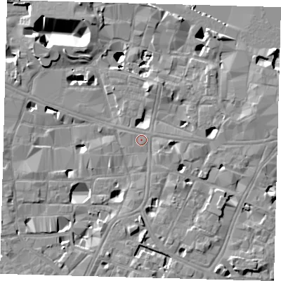 Shaded relief map of the ground around SE10AL, computed from Environment Agency LiDAR. The ground here sits at about 4 m above sea level and falls 14 m across the surrounding 800 m. The ground contributing surface water to this point lies to the south-east.