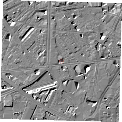 Shaded relief map of the ground around SE10AN, computed from Environment Agency LiDAR. The ground here sits at about 3 m above sea level and falls 11 m across the surrounding 800 m. Surface water reaching this point runs off ground lying to the west-south-west, 3.2 m higher.