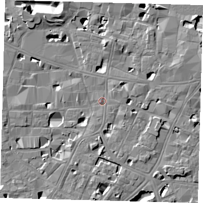 Shaded relief map of the ground around SE10AR, computed from Environment Agency LiDAR. The ground here sits at about 4 m above sea level and falls 14 m across the surrounding 800 m. Surface water reaching this point runs off ground lying to the south-east, 6.0 m higher.