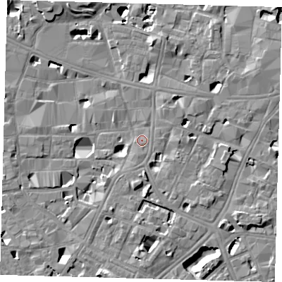 Shaded relief map of the ground around SE10AT, computed from Environment Agency LiDAR. The ground here sits at about 4 m above sea level and falls 14 m across the surrounding 800 m. Surface water reaching this point runs off ground lying to the south-south-west, 1.0 m higher.