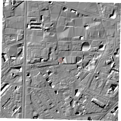 Shaded relief map of the ground around SE10BB, computed from Environment Agency LiDAR. The ground here sits at about 4 m above sea level and falls 7 m across the surrounding 800 m. Surface water reaching this point runs off ground lying to the east, 5.4 m higher.