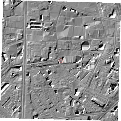 Shaded relief map of the ground around SE10BD, computed from Environment Agency LiDAR. The ground here sits at about 4 m above sea level and falls 7 m across the surrounding 800 m. Surface water reaching this point runs off ground lying to the east, 5.4 m higher.