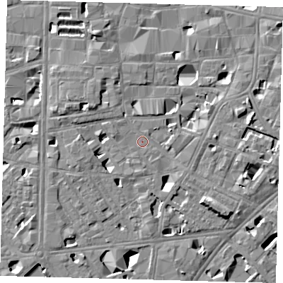 Shaded relief map of the ground around SE10BE, computed from Environment Agency LiDAR. The ground here sits at about 4 m above sea level and falls 11 m across the surrounding 800 m. Surface water reaching this point runs off ground lying to the north-west, 5.1 m higher.