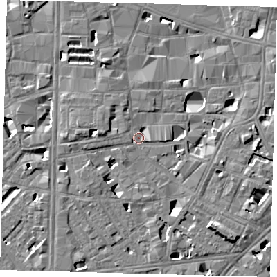 Shaded relief map of the ground around SE10BF, computed from Environment Agency LiDAR. The ground here sits at about 4 m above sea level and falls 7 m across the surrounding 800 m. Surface water reaching this point runs off ground lying to the east, 5.4 m higher.