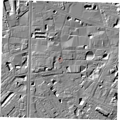 Shaded relief map of the ground around SE10BL, computed from Environment Agency LiDAR. The ground here sits at about 4 m above sea level and falls 7 m across the surrounding 800 m. Surface water reaching this point runs off ground lying to the south-west, 2.1 m higher.