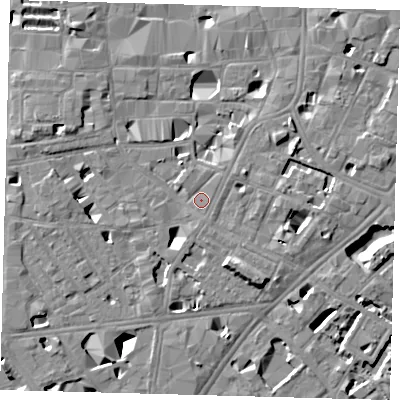 Shaded relief map of the ground around SE10BQ, computed from Environment Agency LiDAR. The ground here sits at about 4 m above sea level and falls 11 m across the surrounding 800 m. Surface water reaching this point runs off ground lying to the south, 0.8 m higher.