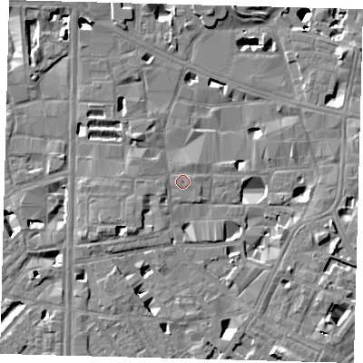 Shaded relief map of the ground around SE10BS, computed from Environment Agency LiDAR. The ground here sits at about 4 m above sea level and falls 14 m across the surrounding 800 m. Surface water reaching this point runs off ground lying to the west-south-west, 1.2 m higher.