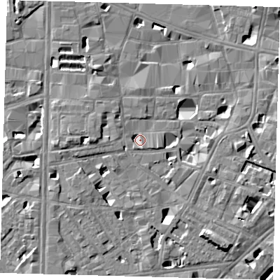 Shaded relief map of the ground around SE10BT, computed from Environment Agency LiDAR. The ground here sits at about 4 m above sea level and falls 7 m across the surrounding 800 m. Surface water reaching this point runs off ground lying to the east, 5.4 m higher.
