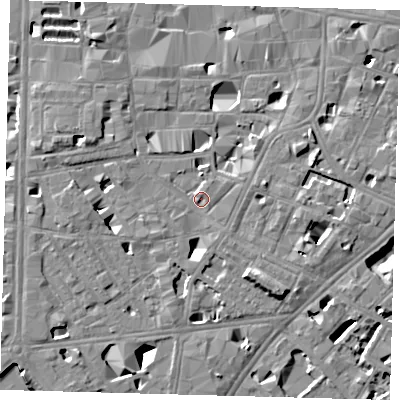 Shaded relief map of the ground around SE10BU, computed from Environment Agency LiDAR. The ground here sits at about 4 m above sea level and falls 11 m across the surrounding 800 m. Surface water reaching this point runs off ground lying to the south-south-east, 1.4 m higher.