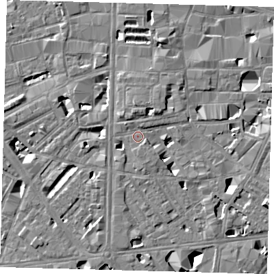 Shaded relief map of the ground around SE10BW, computed from Environment Agency LiDAR. The ground here sits at about 4 m above sea level and falls 11 m across the surrounding 800 m. Surface water reaching this point runs off ground lying to the south-east, 4.6 m higher.